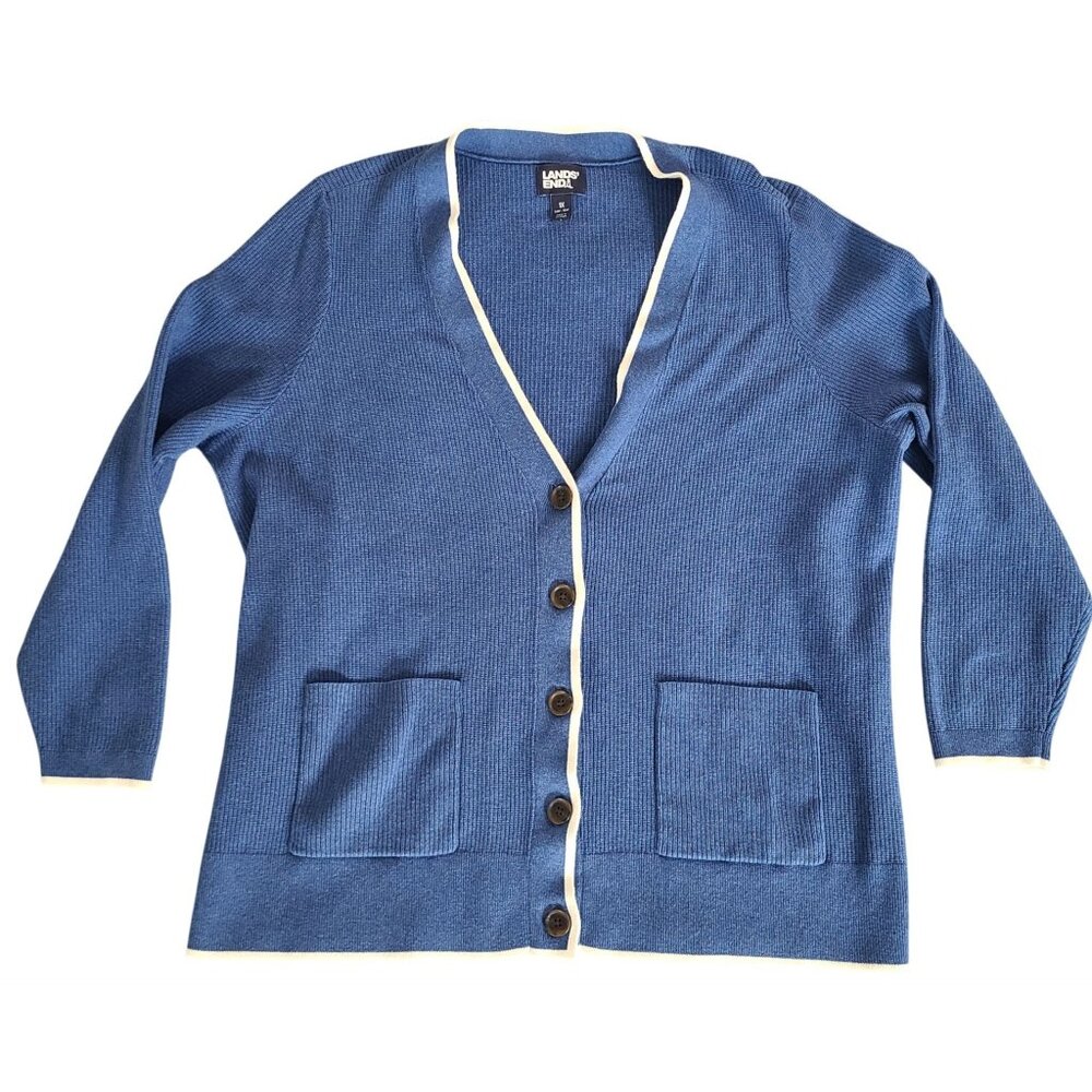 Land's End Women's Cardigan Size 1X Sweater Blue Button-Front Cotton Pockets - Picture 1 of 10